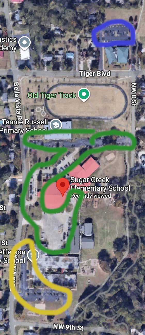 Parking directions map for Sugar Creek Arts Academy